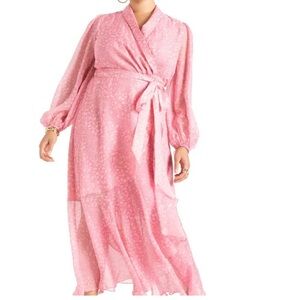 new ELOQUII  pink printed maxi wrap dress chiffon sleeve 28